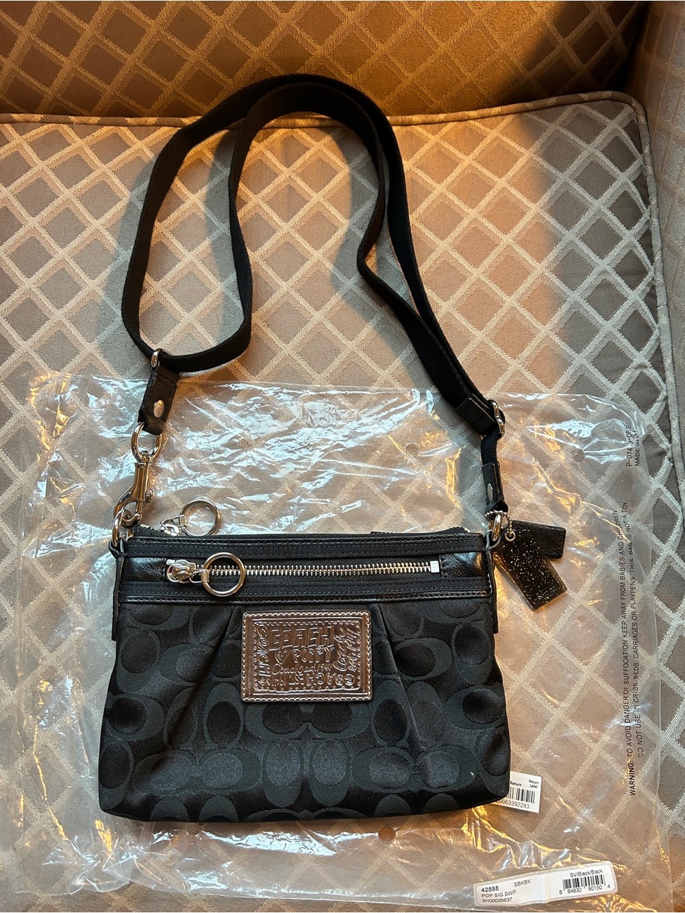 Y2K Coach Poppy Black Signature Crossbody with Leather Patch & Silver Hardware